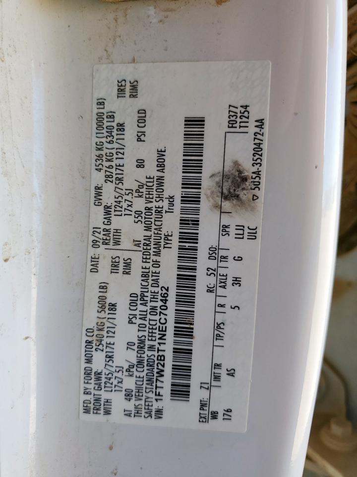 2022 Ford F250 Super Duty VIN: 1FT7W2BT1NEC70462 Lot: 92080185