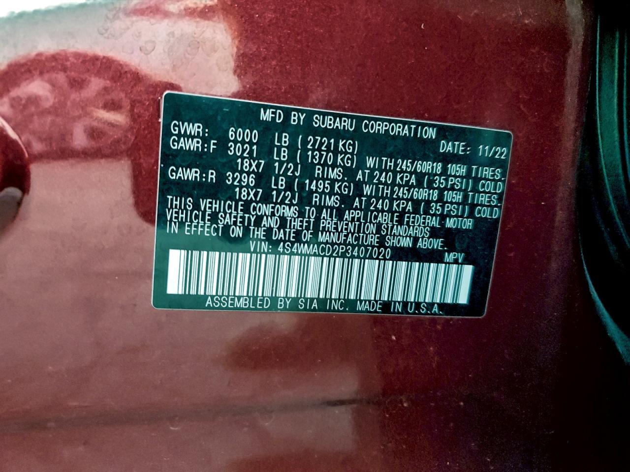 2023 Subaru Ascent Premium VIN: 4S4WMACD2P3407020 Lot: 94456205