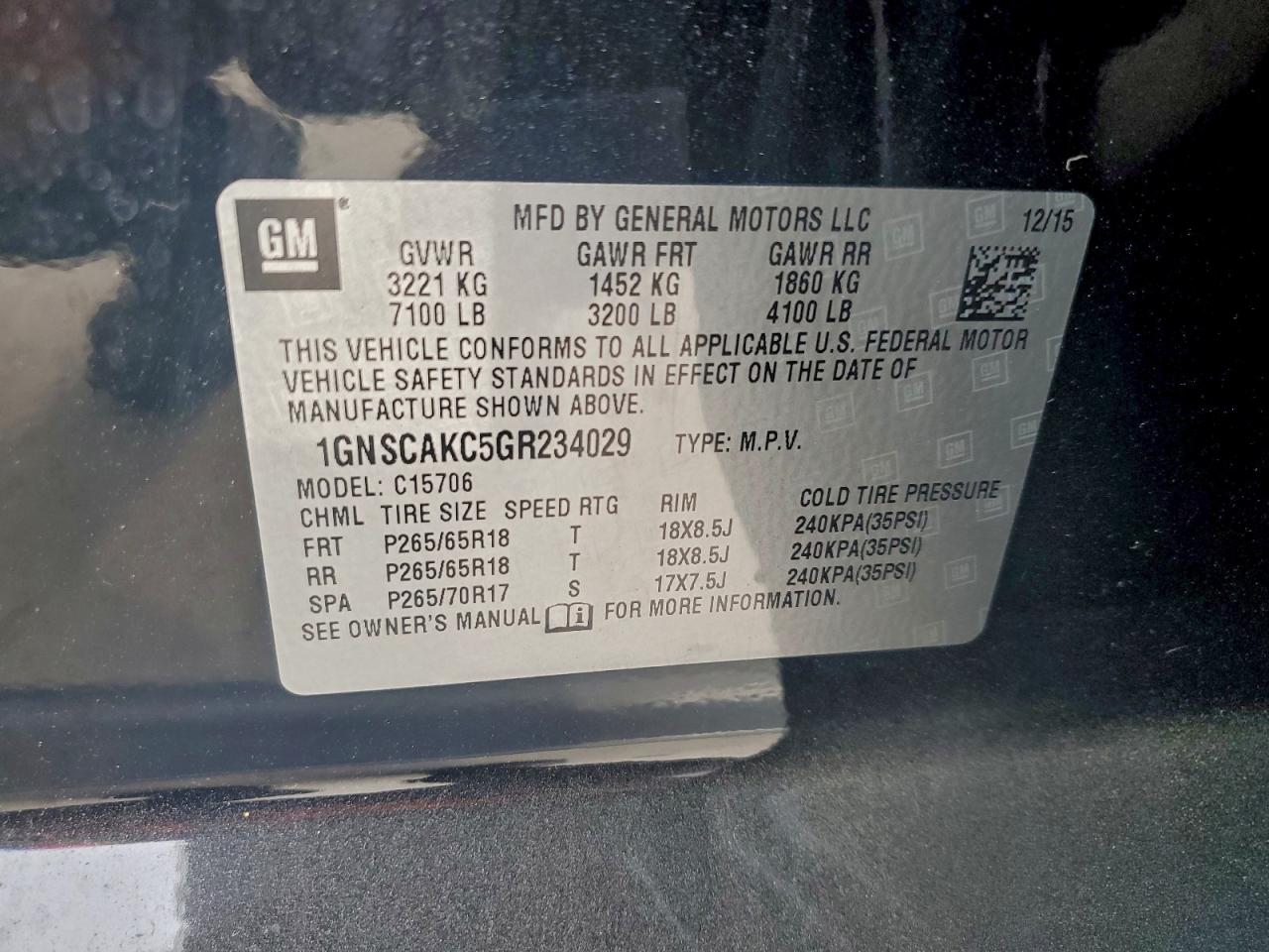 2016 Chevrolet Tahoe C1500 Ls VIN: 1GNSCAKC5GR234029 Lot: 93307465