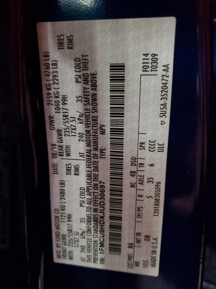 2018 Ford Escape Sel VIN: 1FMCU9HDXJUD30697 Lot: 92377245