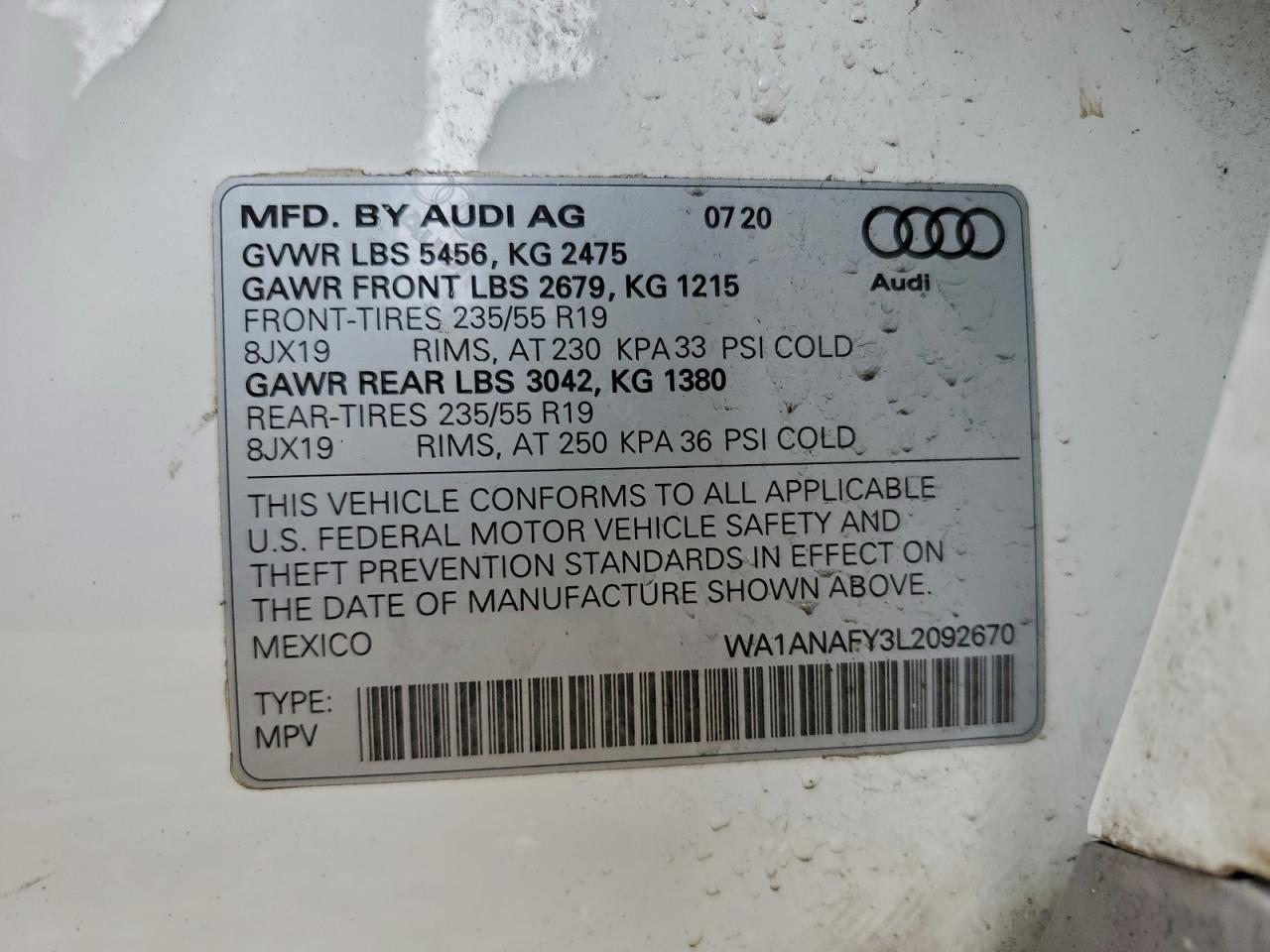 2020 Audi Q5 Premium VIN: WA1ANAFY3L2092670 Lot: 94190685