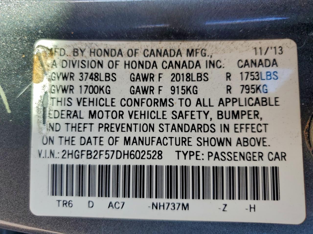 2013 Honda Civic Lx VIN: 2HGFB2F57DH602528 Lot: 94321975