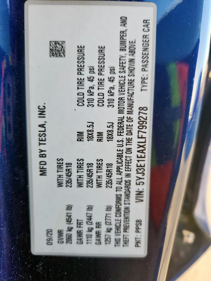 2020 Tesla Model 3 VIN: 5YJ3E1EAXLF799278 Lot: 91208565