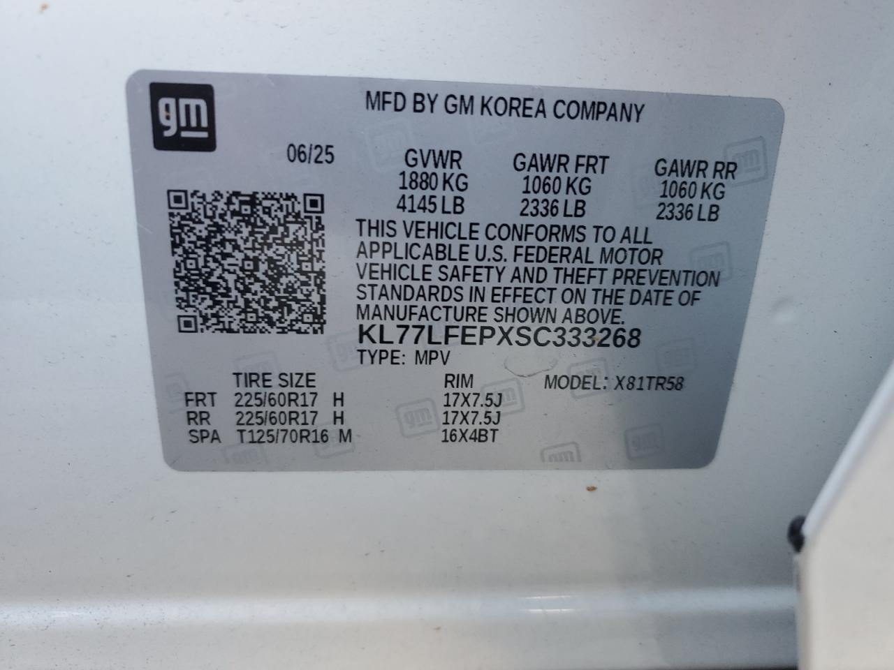 2025 Chevrolet Trax Ls VIN: KL77LFEPXSC333268 Lot: 92024765