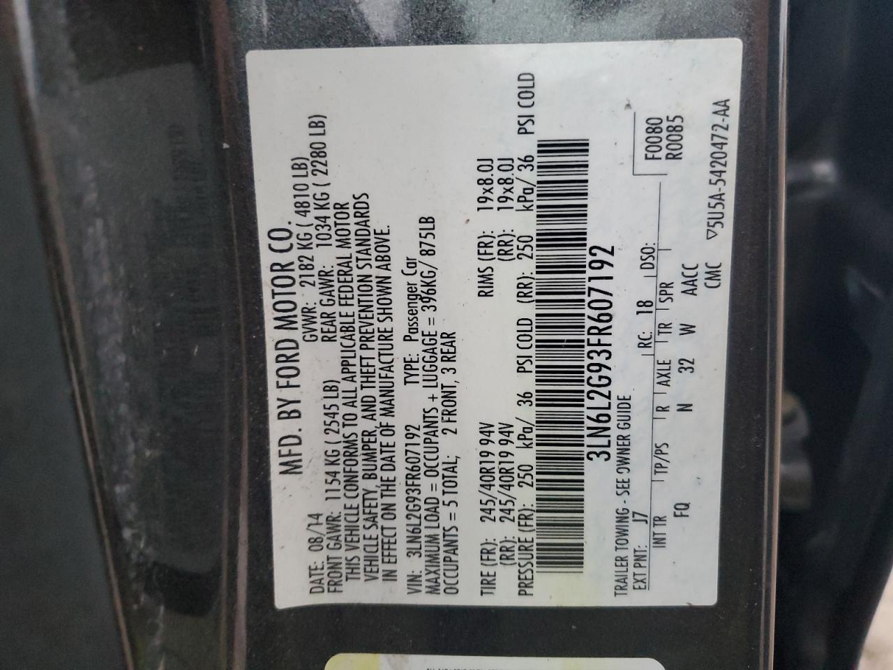 2015 Lincoln Mkz VIN: 3LN6L2G93FR607192 Lot: 92440515