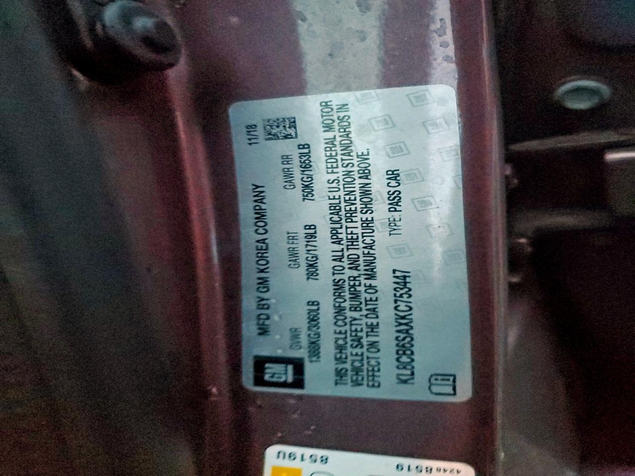 2019 Chevrolet Spark Ls VIN: KL8CB6SAXKC753447 Lot: 93481755