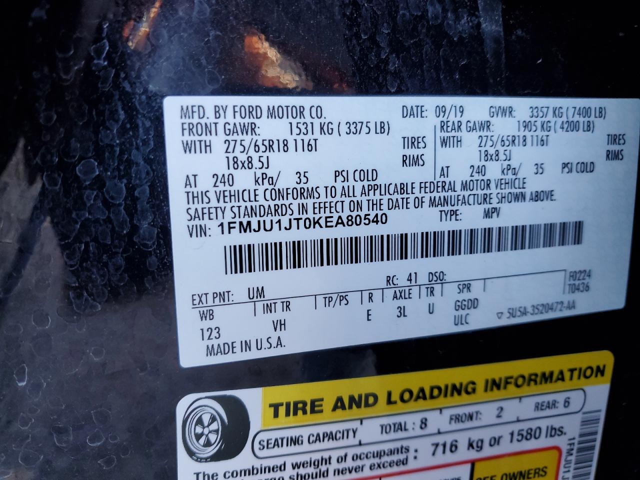 2019 Ford Expedition Xlt VIN: 1FMJU1JT0KEA80540 Lot: 93003655