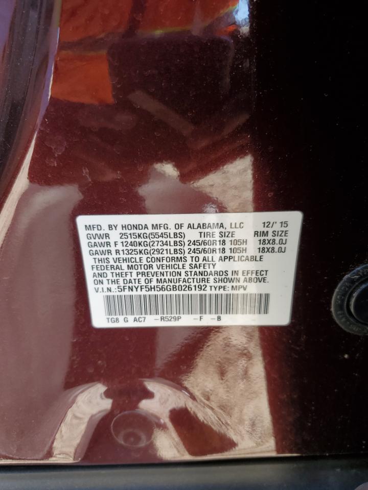 2016 Honda Pilot Exl VIN: 5FNYF5H56GB026192 Lot: 91212265