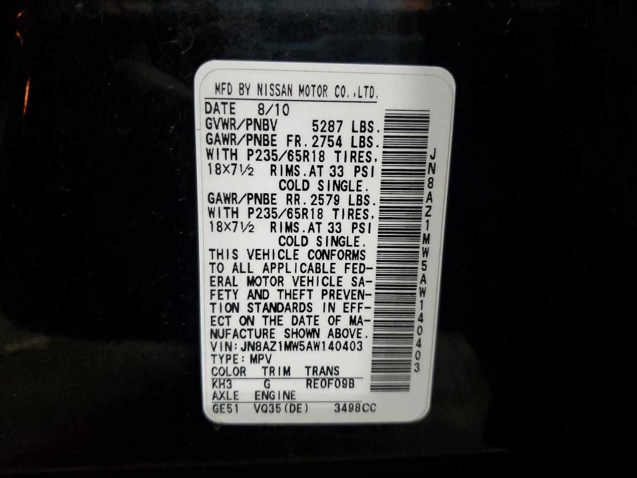 2010 Nissan Murano S VIN: JN8AZ1MW5AW140403 Lot: 92040175