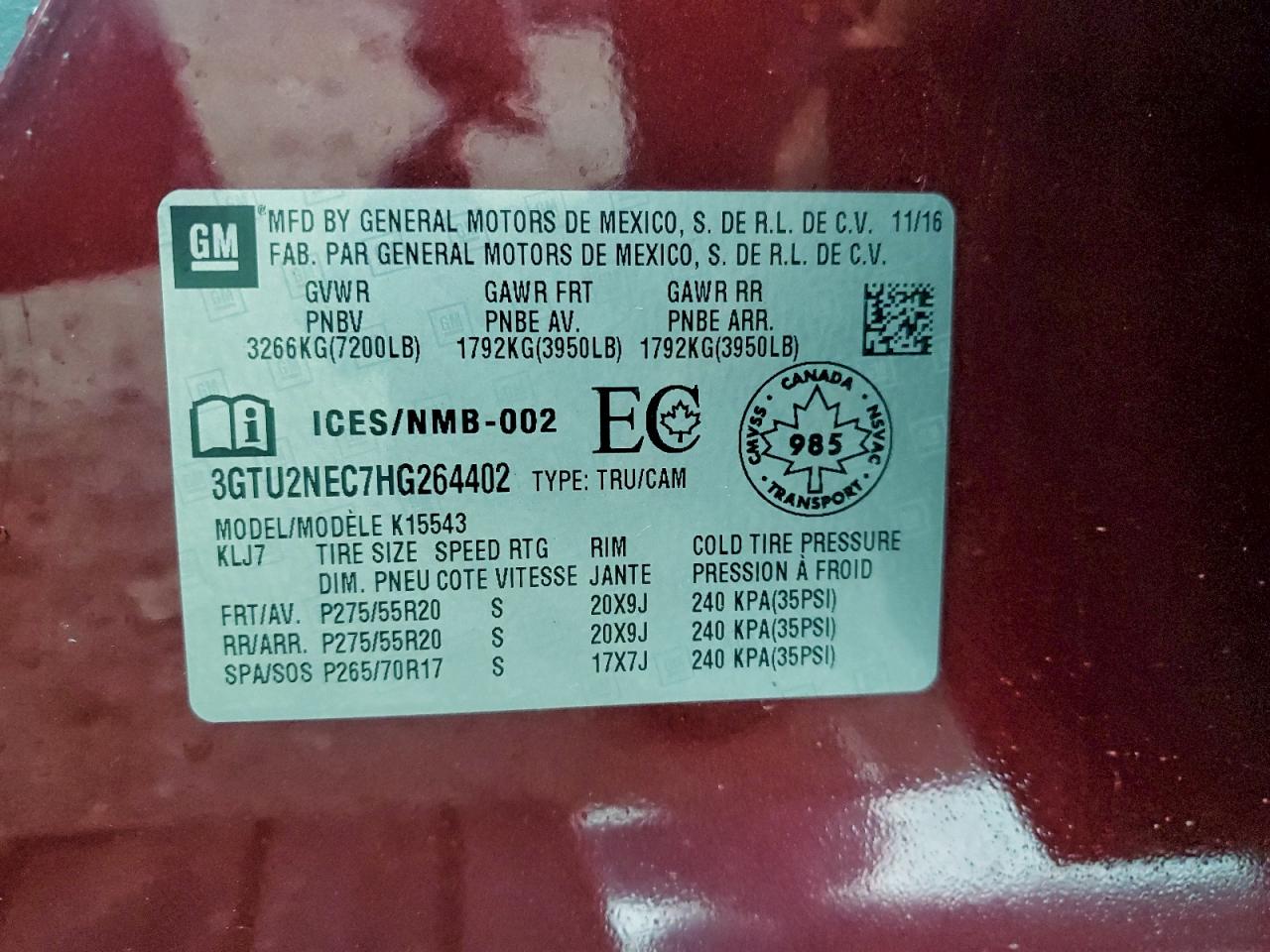 2017 GMC Sierra K1500 Slt VIN: 3GTU2NEC7HG264402 Lot: 93606275