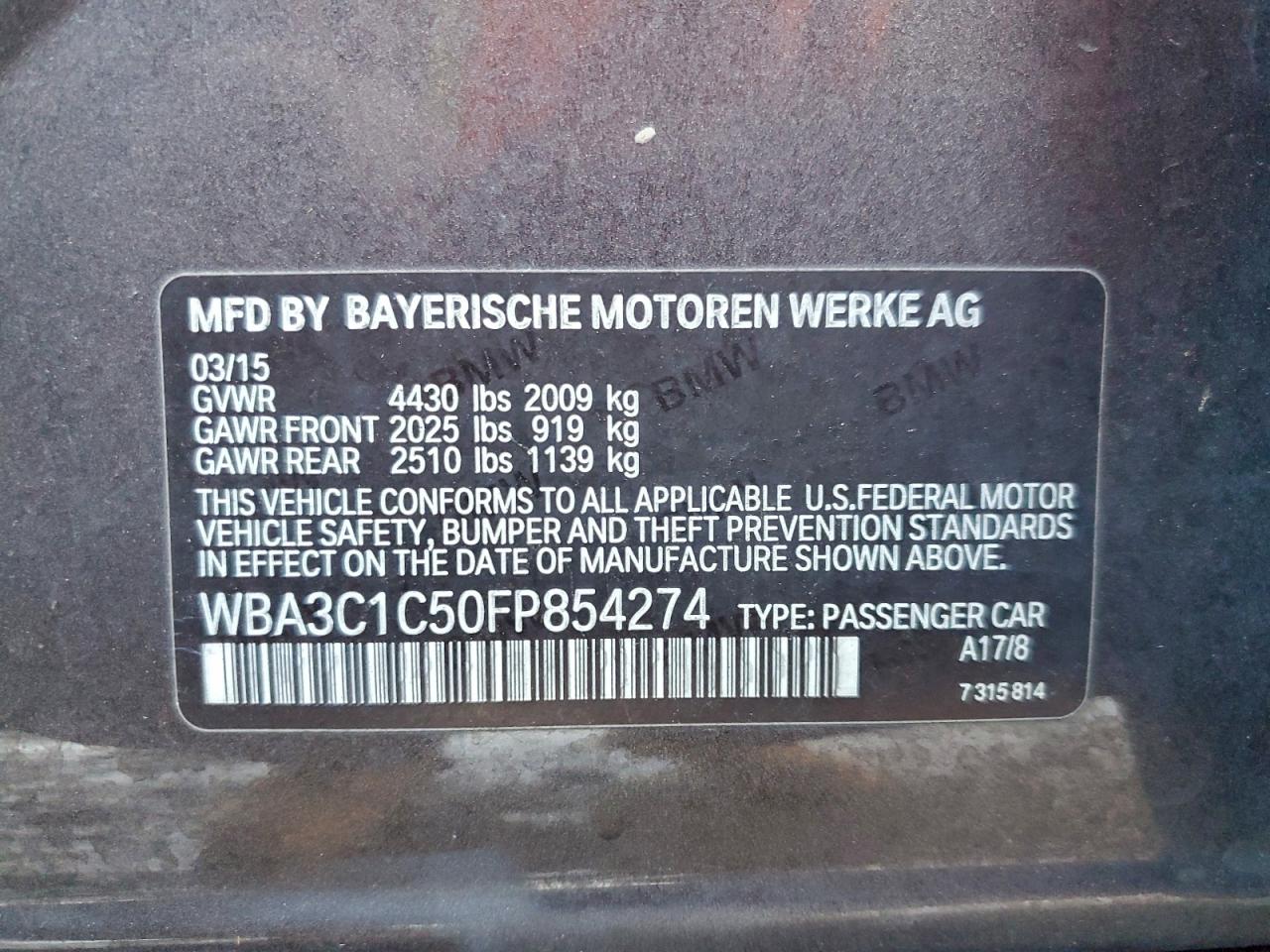 2015 BMW 328 I Sulev VIN: WBA3C1C50FP854274 Lot: 94111365