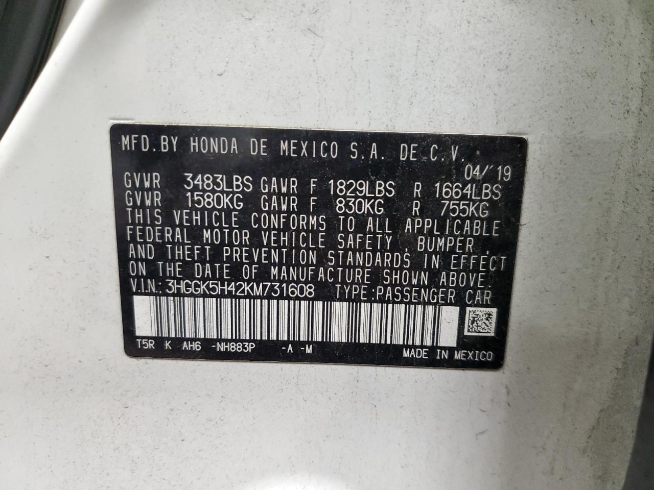 2019 Honda Fit Lx VIN: 3HGGK5H42KM731608 Lot: 93436385