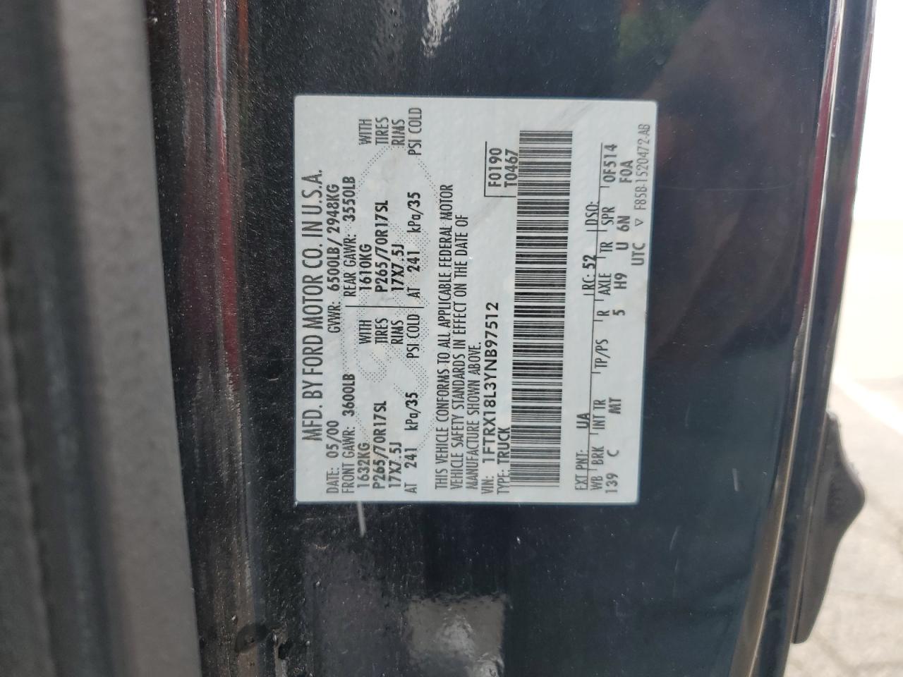 2000 Ford F150 VIN: 1FTRX18L3YNB97512 Lot: 91946045