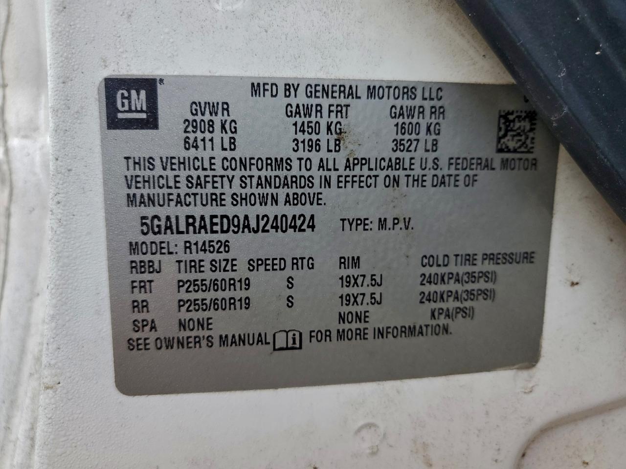 2010 Buick Enclave Cx VIN: 5GALRAED9AJ240424 Lot: 93961395