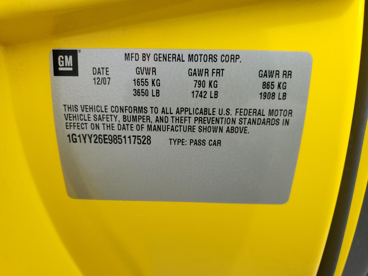 2008 Chevrolet Corvette Z06 VIN: 1G1YY26E985117528 Lot: 91219935