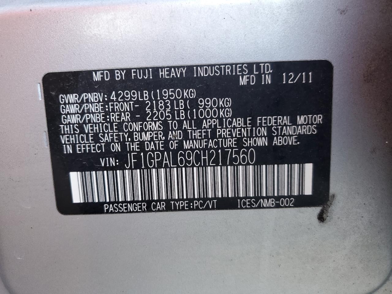 2012 Subaru Impreza Sport Premium VIN: JF1GPAL69CH217560 Lot: 92575385