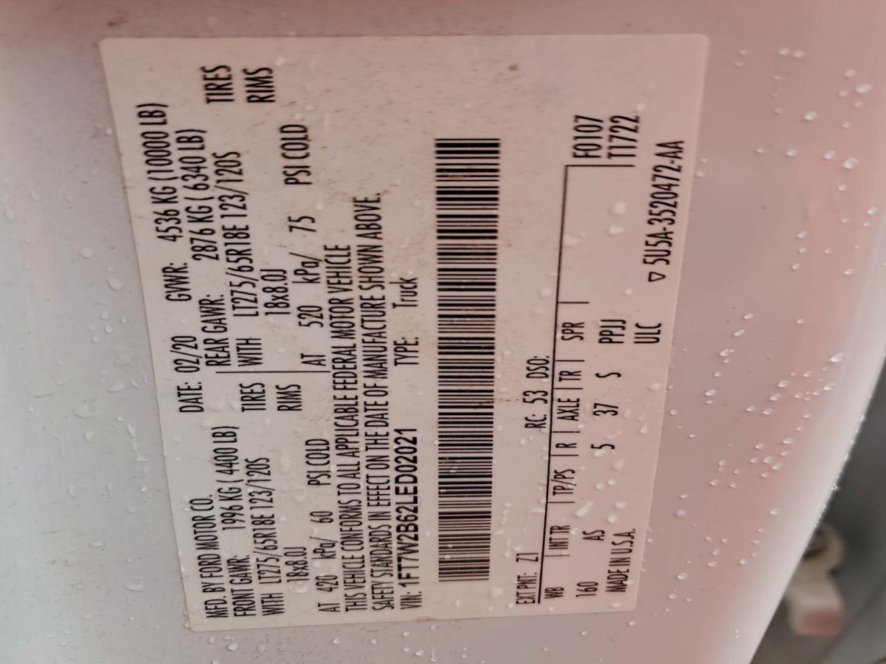 2020 Ford F250 Super Duty VIN: 1FT7W2B62LED02021 Lot: 93352665