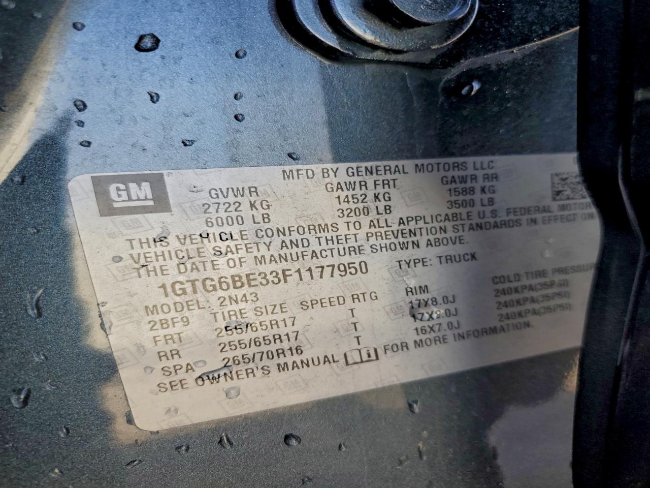 2015 GMC Canyon Sle VIN: 1GTG6BE33F1177950 Lot: 93672495