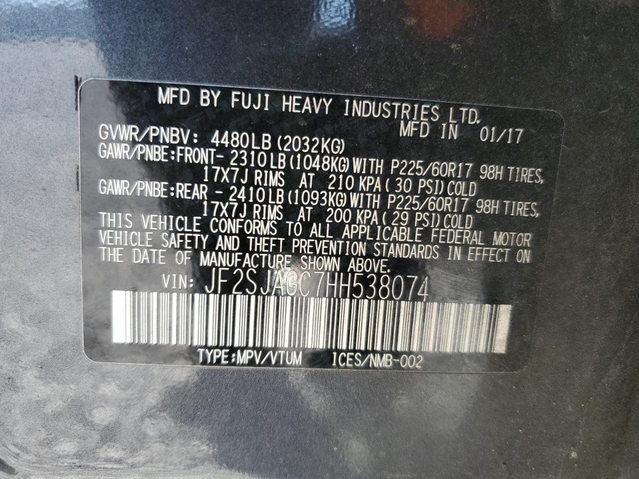 2017 Subaru Forester 2.5I Premium VIN: JF2SJAGC7HH538074 Lot: 91060425