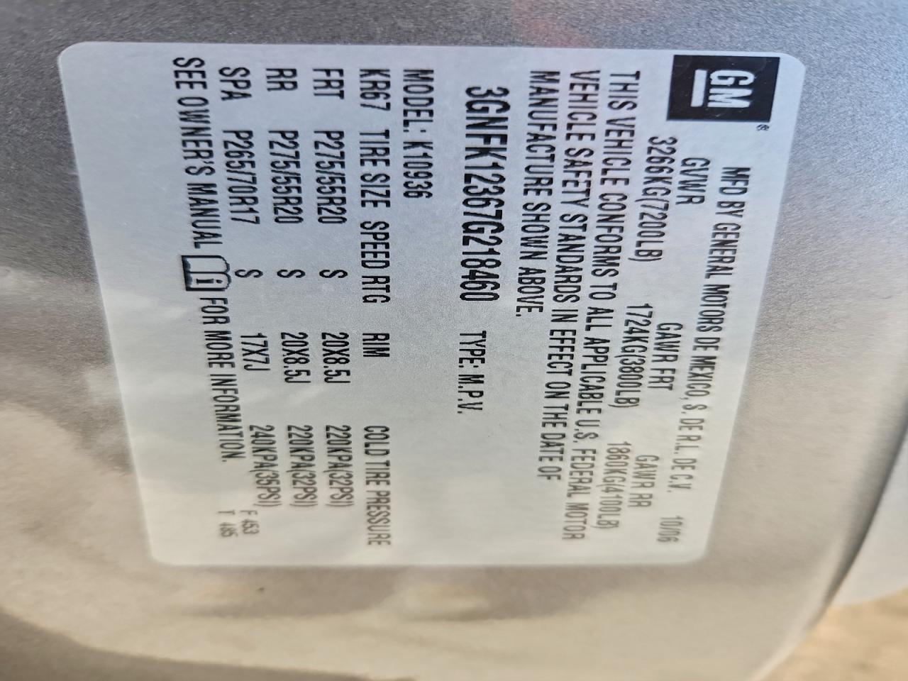 2007 Chevrolet Avalanche K1500 VIN: 3GNFK12367G218460 Lot: 93775665