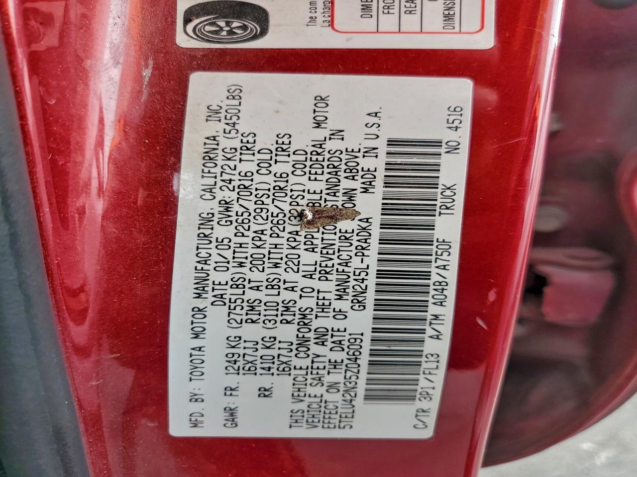 2005 Toyota Tacoma Double Cab VIN: 5TELU42N35Z046091 Lot: 94645595