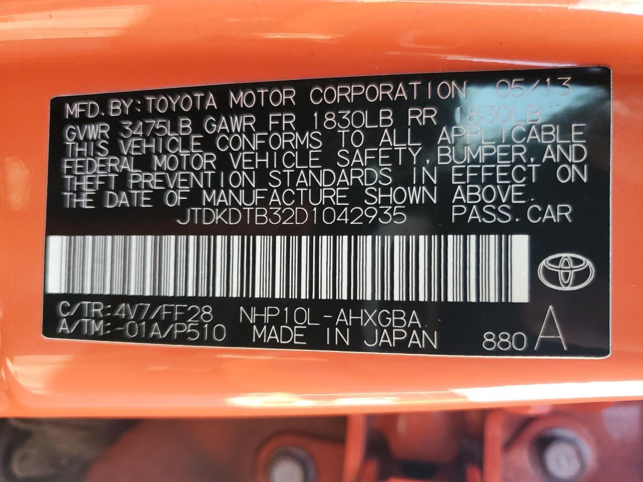 2013 Toyota Prius C VIN: JTDKDTB32D1042935 Lot: 91072795