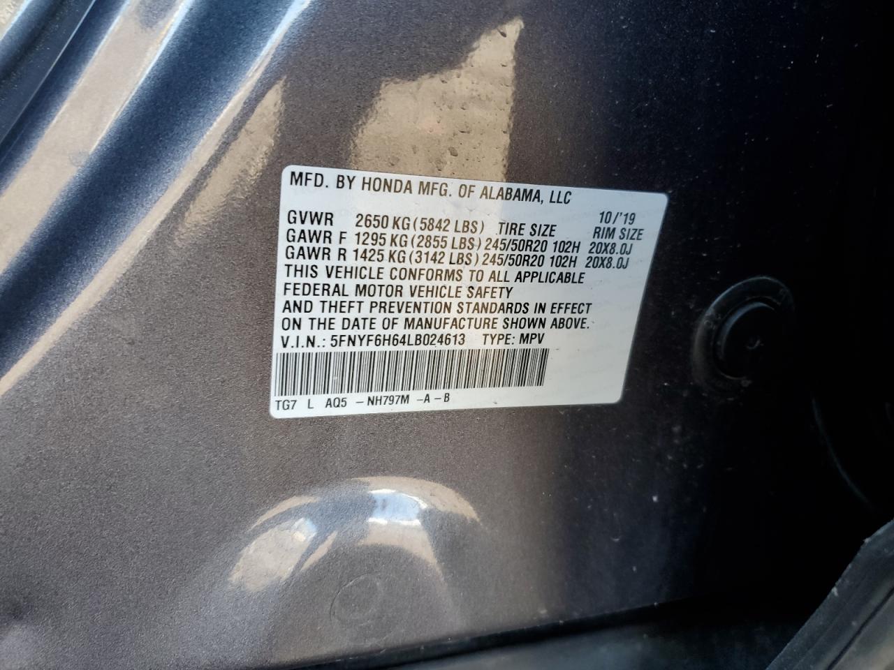 2020 Honda Pilot Touring VIN: 5FNYF6H64LB024613 Lot: 91820635