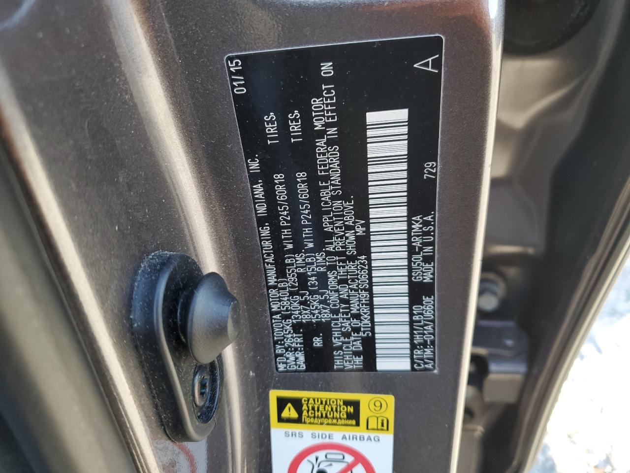 2015 Toyota Highlander Xle VIN: 5TDKKRFH9FS066234 Lot: 92063265