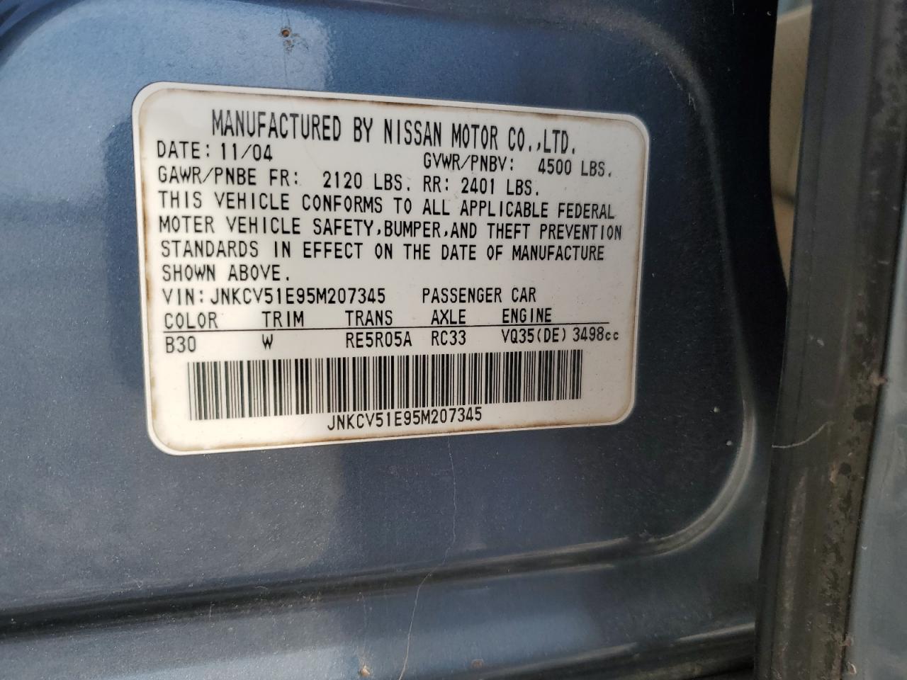 2005 Infiniti G35 VIN: JNKCV51E95M207345 Lot: 92848735