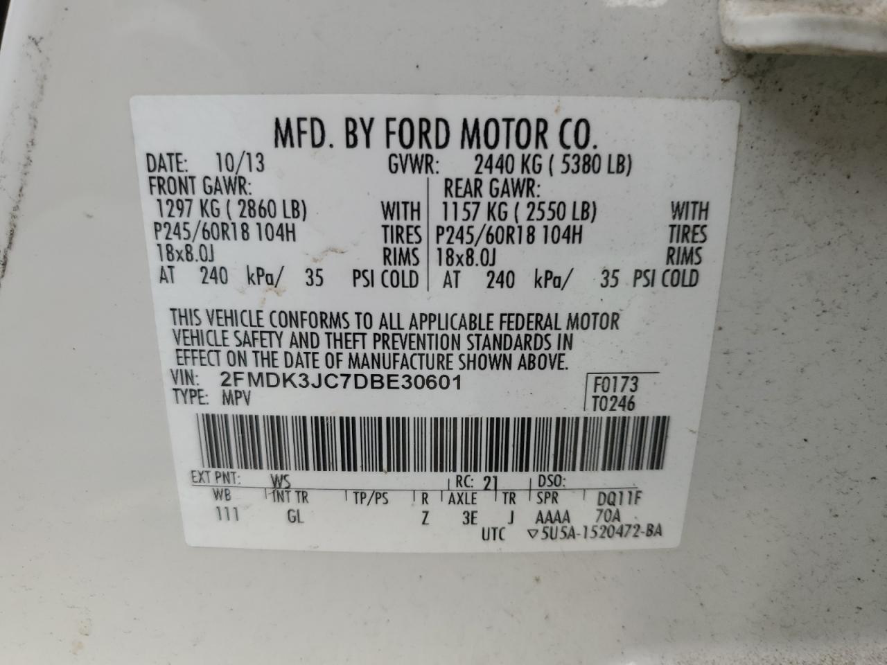 2013 Ford Edge Sel VIN: 2FMDK3JC7DBE30601 Lot: 92921605