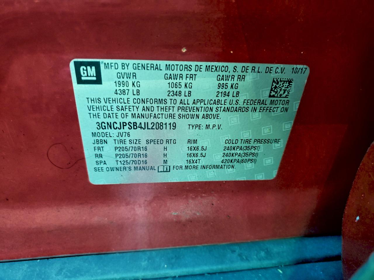 2018 Chevrolet Trax 1Lt VIN: 3GNCJPSB4JL208119 Lot: 93250895