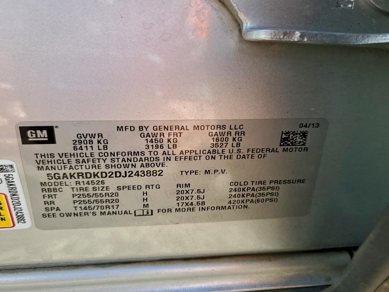 2013 Buick Enclave VIN: 5GAKRDKD2DJ243882 Lot: 94231955