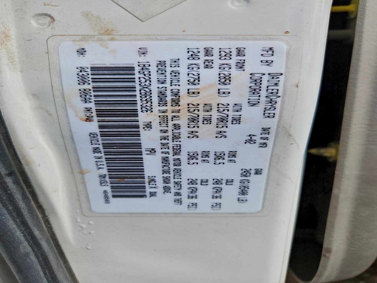 2002 Dodge Caravan Se VIN: 1B4GP253X2B695326 Lot: 91718455