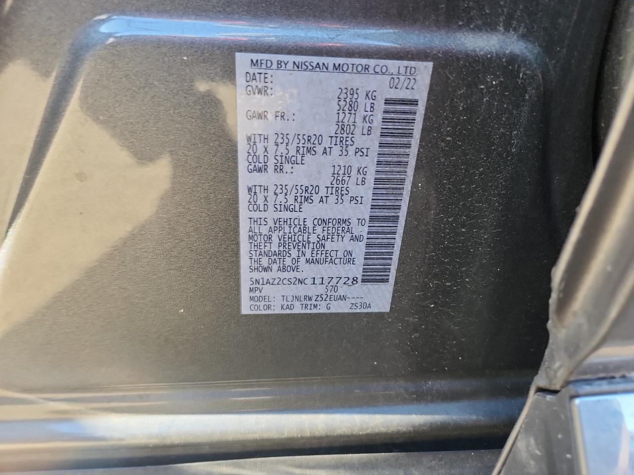 2022 Nissan Murano Sl VIN: 5N1AZ2CS2NC117728 Lot: 92850245