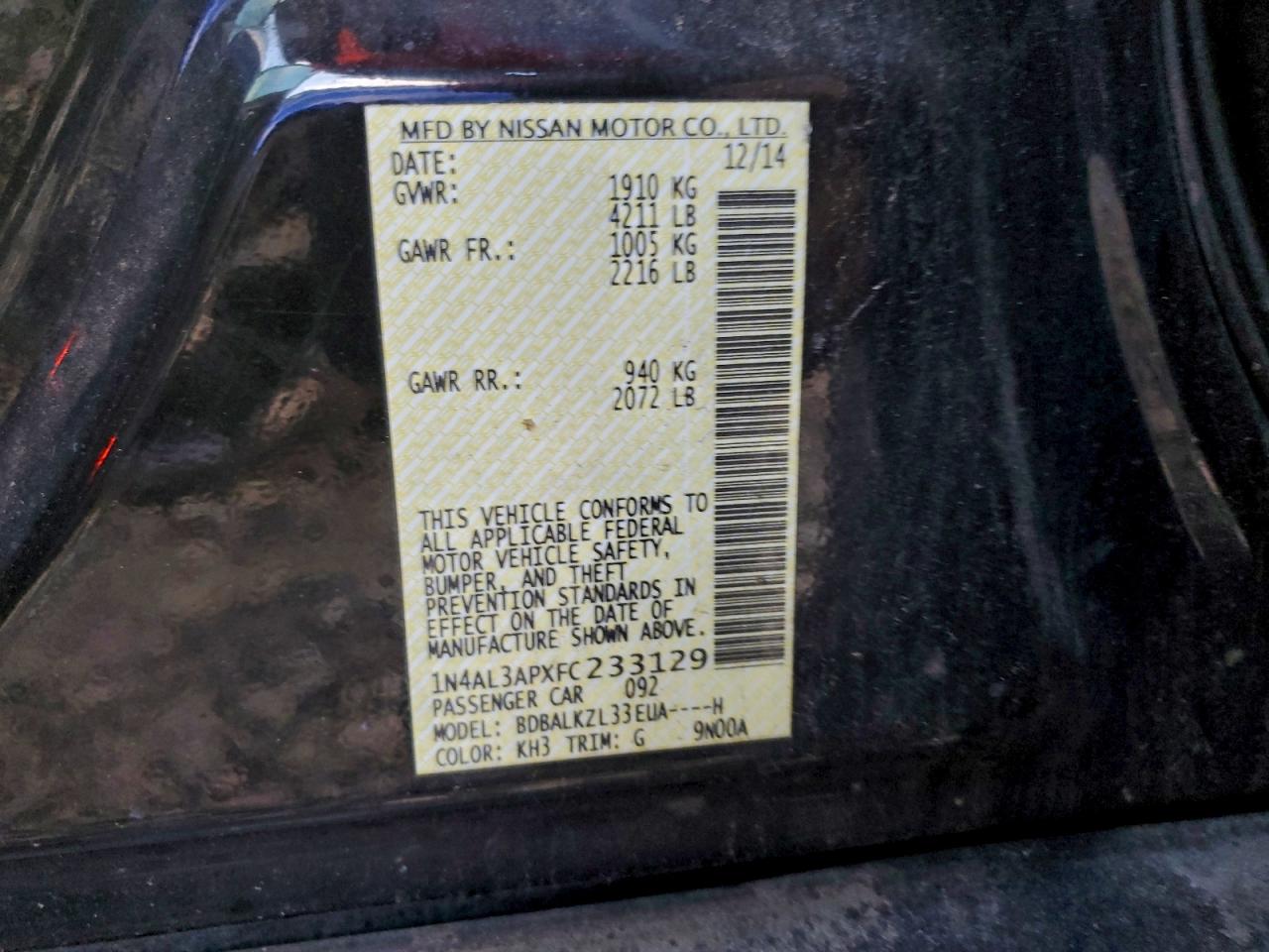 2015 Nissan Altima 2.5 VIN: 1N4AL3APXFC233129 Lot: 93688975