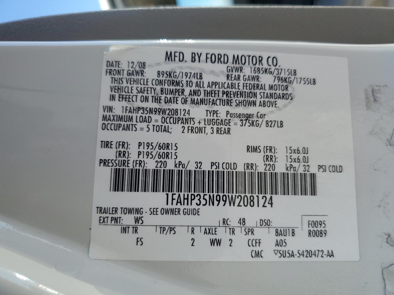 2009 Ford Focus Se VIN: 1FAHP35N99W208124 Lot: 93486695