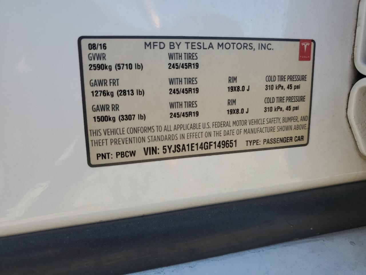 2016 Tesla Model S VIN: 5YJSA1E14GF149651 Lot: 91791845