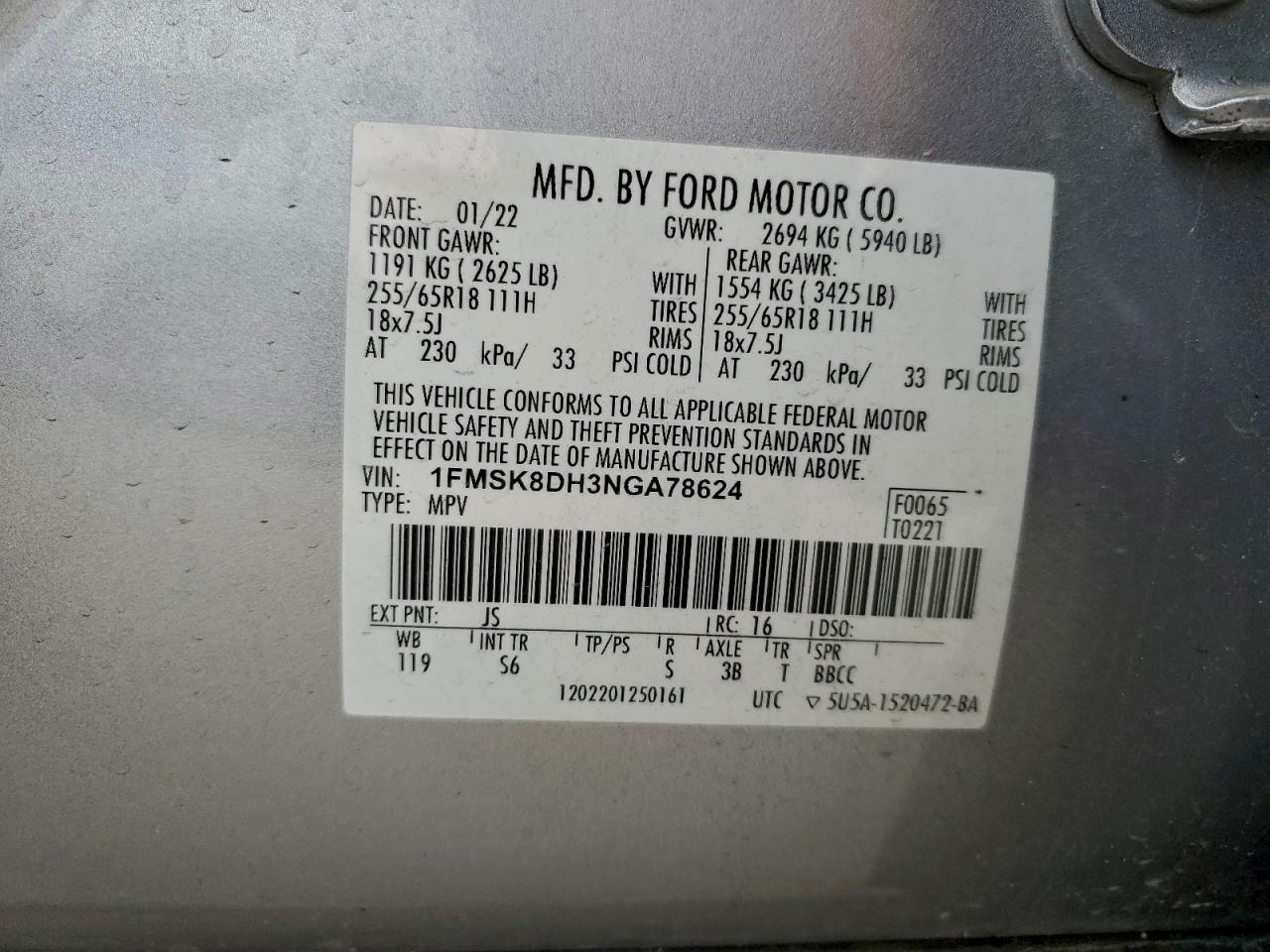 2022 Ford Explorer Xlt VIN: 1FMSK8DH3NGA78624 Lot: 94187905