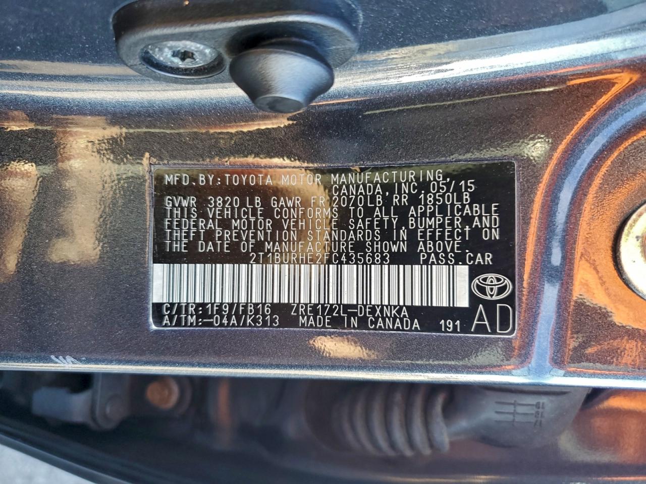 2015 Toyota Corolla L VIN: 2T1BURHE2FC435683 Lot: 93453495