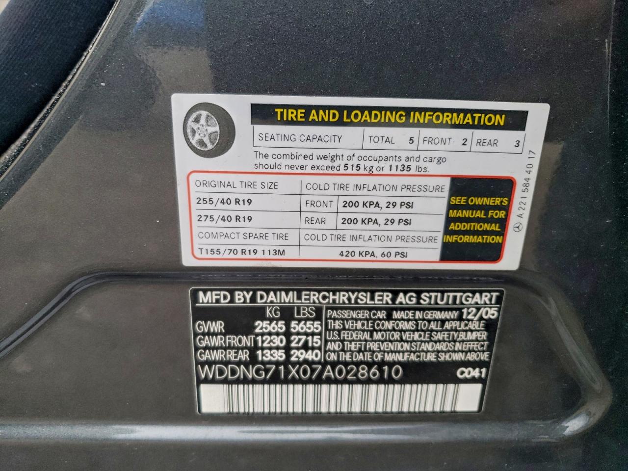 2007 Mercedes-Benz S 550 VIN: WDDNG71X07A028610 Lot: 94443085