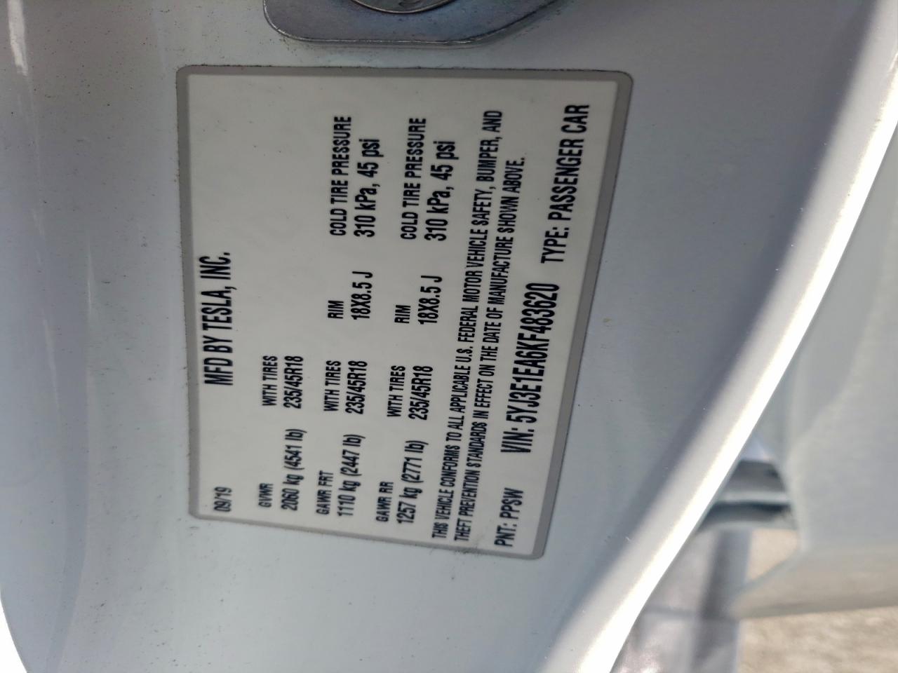 2019 Tesla Model 3 VIN: 5YJ3E1EA6KF483620 Lot: 93518285