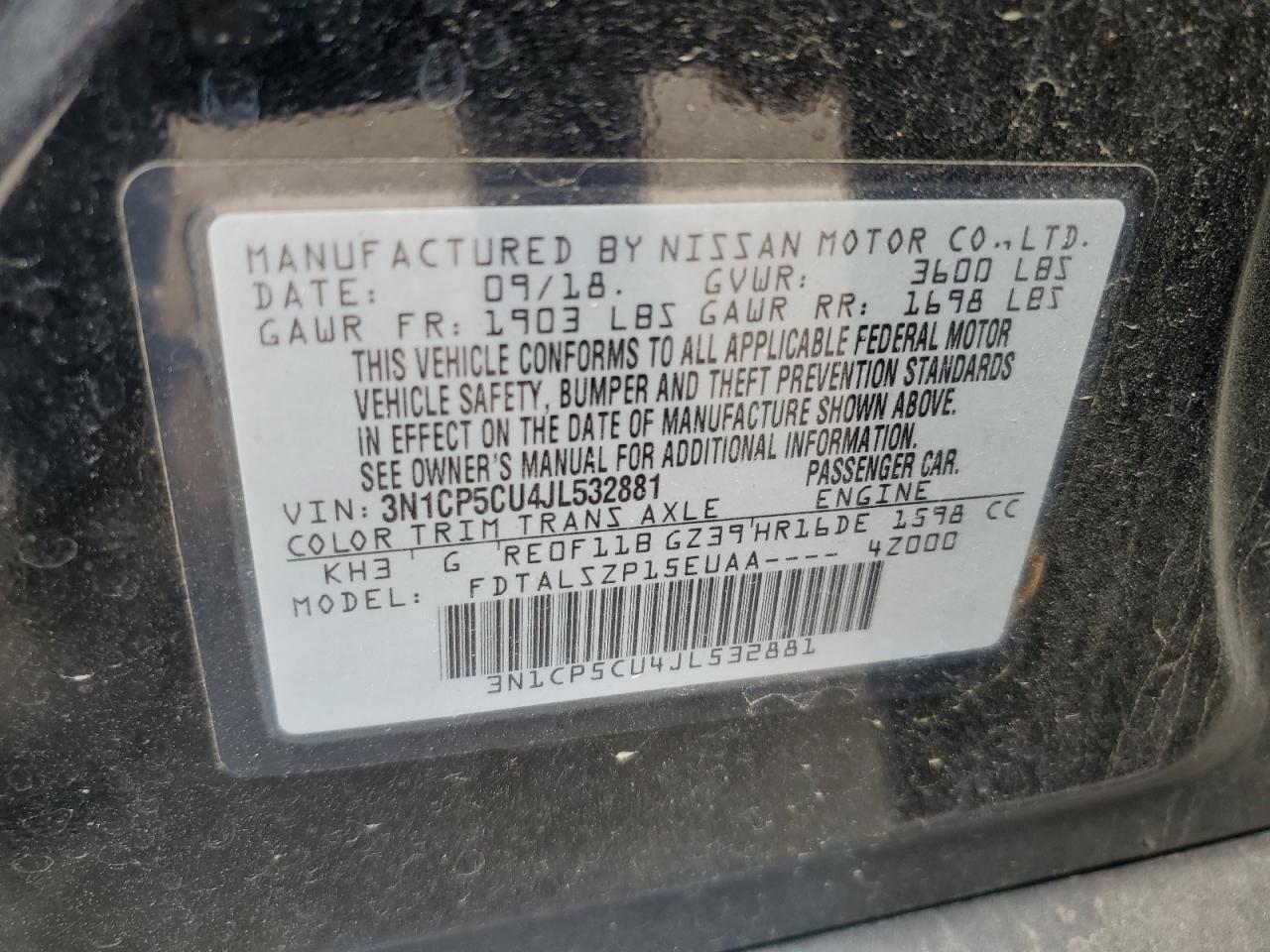 2018 Nissan Kicks S VIN: 3N1CP5CU4JL532881 Lot: 93076845