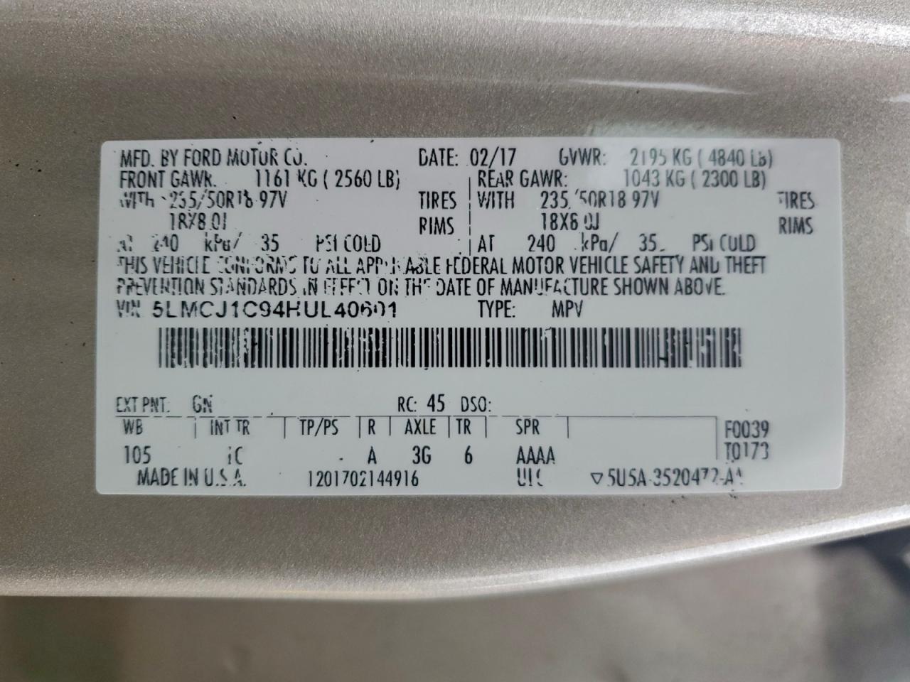 2017 Lincoln Mkc Premiere VIN: 5LMCJ1C94HUL40601 Lot: 93770065