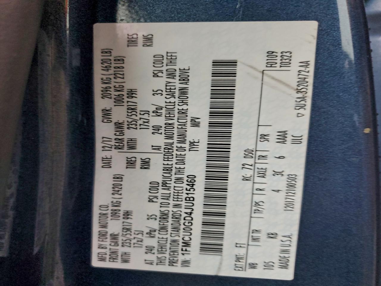 2018 Ford Escape Se VIN: 1FMCU0GD4JUB15460 Lot: 94268595