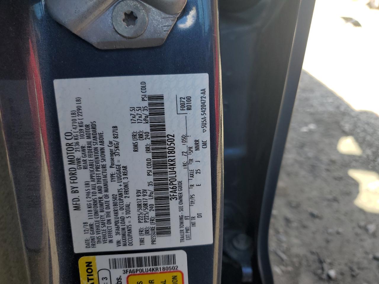 2019 Ford Fusion Se VIN: 3FA6P0LU4KR180502 Lot: 91701055