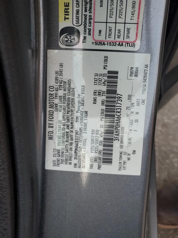 2012 Ford Fusion Se VIN: 3FAHP0HA6CR317397 Lot: 93880735