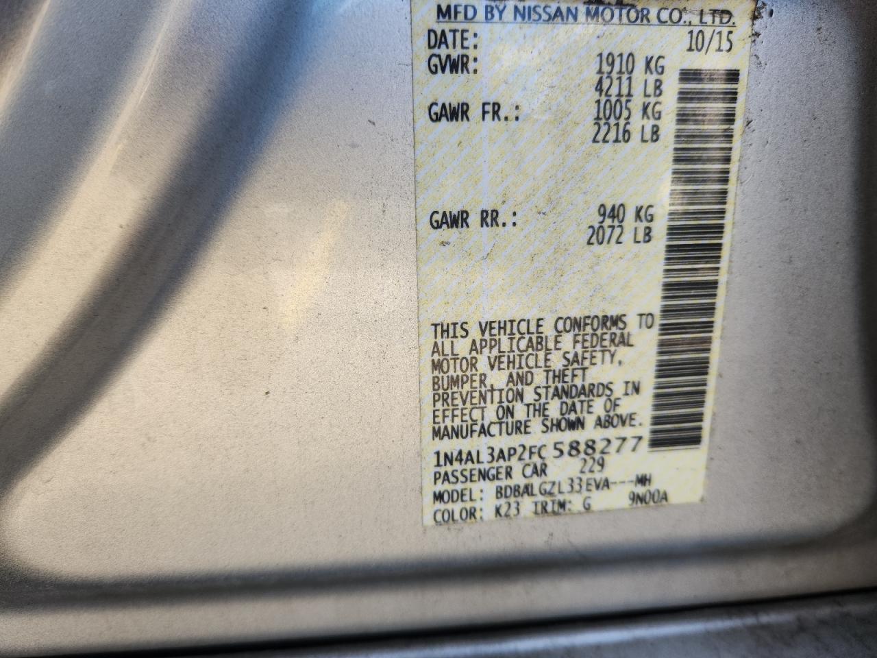 2015 Nissan Altima 2.5 VIN: 1N4AL3AP2FC588277 Lot: 92971175