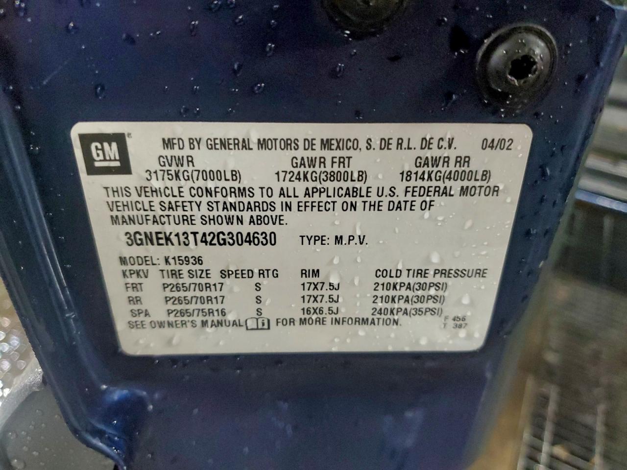 2002 Chevrolet Avalanche K1500 VIN: 3GNEK13T42G304630 Lot: 93634315