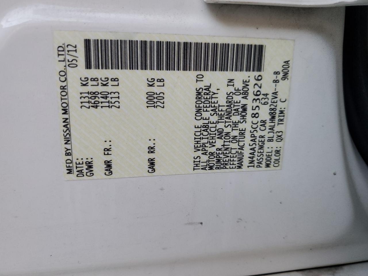 2012 Nissan Maxima S VIN: 1N4AA5AP5CC853626 Lot: 91873465