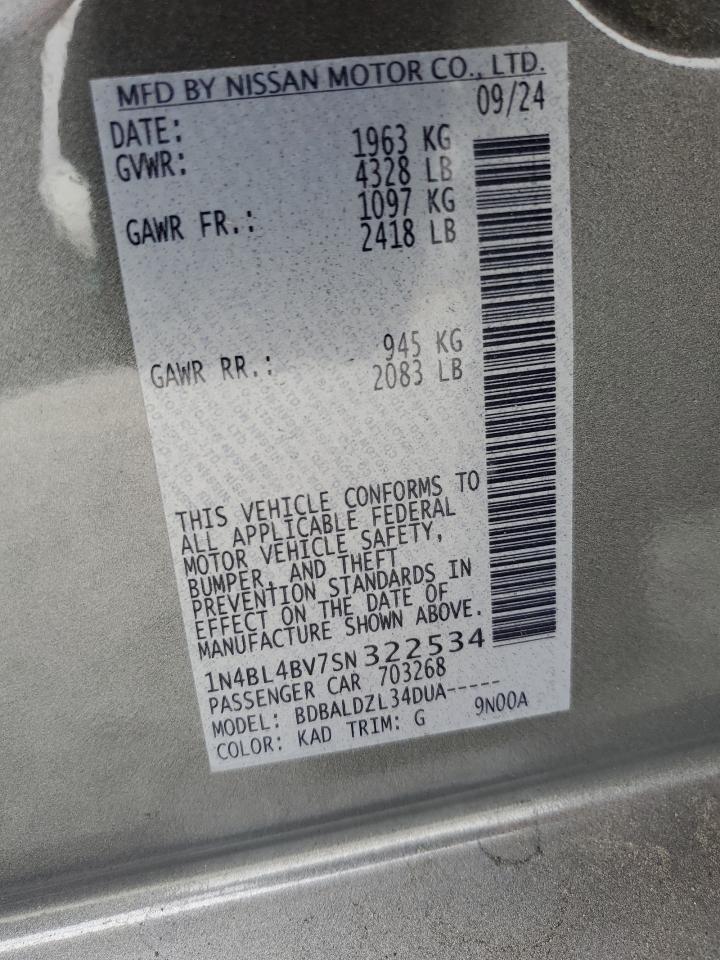 2025 Nissan Altima S VIN: 1N4BL4BV7SN322534 Lot: 93370805